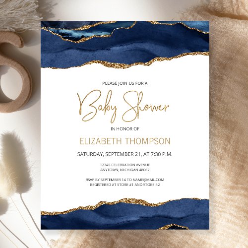 Budget Navy Blue Gold Agate Baby Shower Invitation