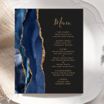 Budget Navy Blue Gold Agate Dark Wedding Menu<br><div class="desc">The left-hand edge of this elegant modern wedding menu features a navy blue watercolor agate border trimmed with faux gold glitter. The customizable text combines gold-colored handwriting script and copperplate fonts on an off-black background. The reverse side features a matching navy blue and gold agate design.</div>