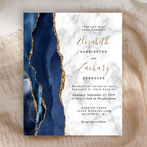 Budget Navy Blue Gold Agate Marble Wedding Invite