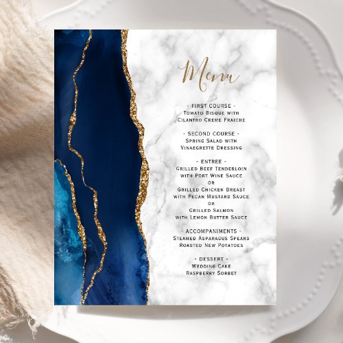 Budget Navy Blue Gold Agate Marble Wedding Menu