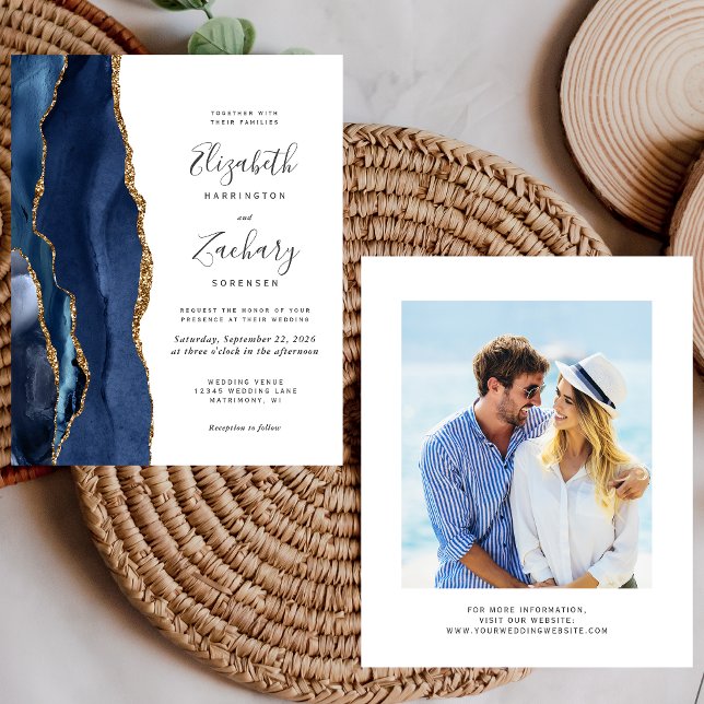 Budget Navy Blue Gold Agate Photo Wedding Invite (Creator Uploaded)