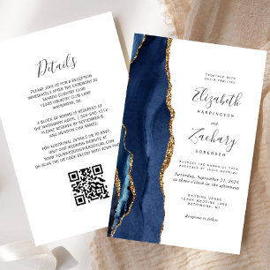 Budget Navy Blue Gold Agate QR Code Wedding Invite