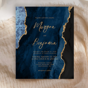 Budget Navy Blue Gold Agate Script Wedding Invite