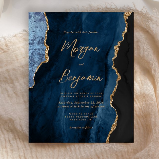 Budget Navy Blue Gold Agate Script Wedding Invite (Creator Uploaded)