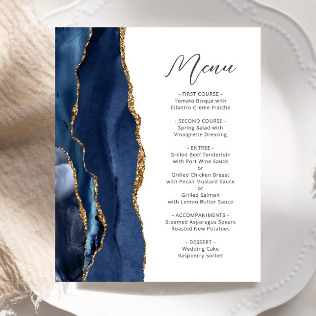 Budget Navy Blue Gold Agate Script Wedding Menu (Creator Uploaded)