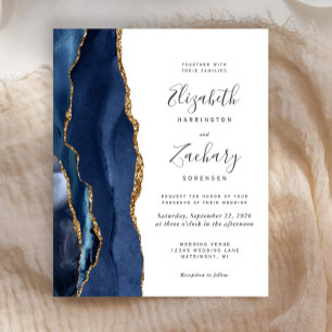 Budget Navy Blue Gold Agate Wedding Invitation