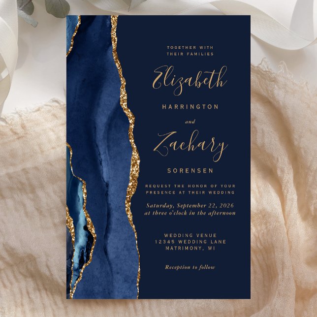 Budget Navy Blue Gold Agate Wedding Invitation (Creator Uploaded)