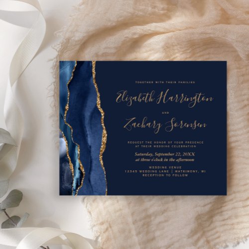 Budget Navy Blue Gold Agate Wedding Invitation