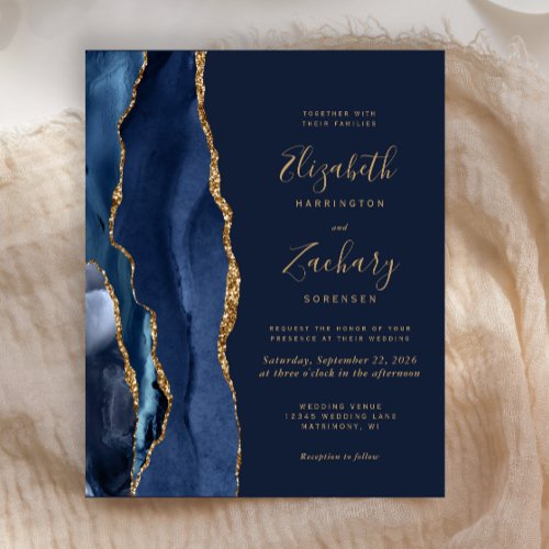 Budget Navy Blue Gold Agate Wedding Invitation