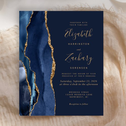 Budget Navy Blue Gold Agate Wedding Invitation