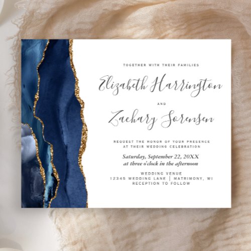 Budget Navy Blue Gold Agate Wedding Invitation