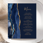 Budget Navy Blue Gold Agate Wedding Menu<br><div class="desc">The left-hand edge of this elegant modern wedding menu features a navy blue watercolor agate border trimmed with faux gold glitter. The customizable text combines gold colored handwriting script and copperplate fonts on a navy blue background. The reverse side features a matching navy blue and gold agate design.</div>