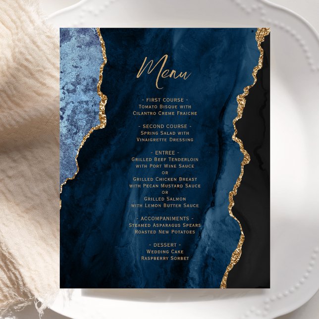 Budget Navy Blue Gold Agate Wedding Menu (Creator Uploaded)