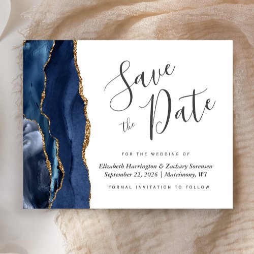 Budget Navy Blue Gold Agate Wedding Save the Date