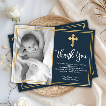 Budget Navy Blue Gold Baptism Thank You Cards by LilyPaperDesign at Zazzle