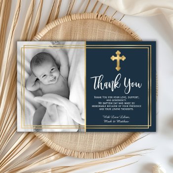 Budget Navy Blue Gold Baptism Thank You Cards by LilyPaperDesign at Zazzle