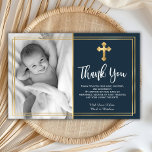 Budget Navy Blue Gold Baptism Thank You Cards<br><div class="desc">Budget, elegant navy blue christening and baptism thank you personalized affordable low budget THIN card. Send thanks to family and friends with this modern personalized thank you religious flat card. It features hand lettered ”Thank You” script, around double faux gold foil frame on navy background. ***PLEASE NOTE! *** BUDGET PAPER/FLYER...</div>