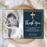 Budget Navy Blue Gold Baptism Thank You Cards<br><div class="desc">Budget, elegant navy blue christening and baptism thank you cards. Send thanks to family and friends with this modern personalized thank you religious flat card. It features hand lettered ”Thank You” script, around double faux gold foil frame on navy background. This modern beautiful photo thank you card will also be...</div>