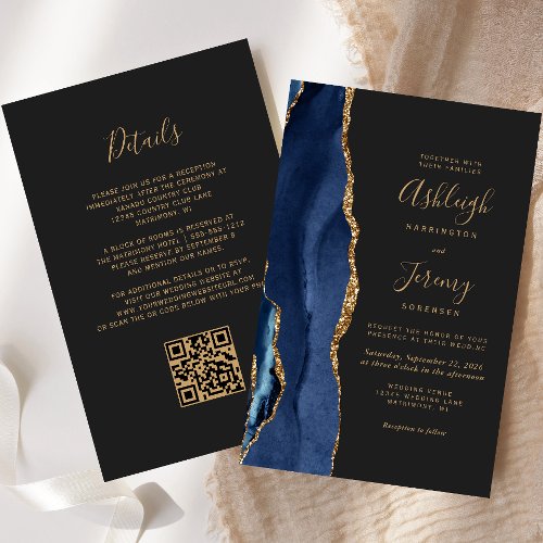 Budget Navy Blue Gold Dark QR Code Wedding Invite