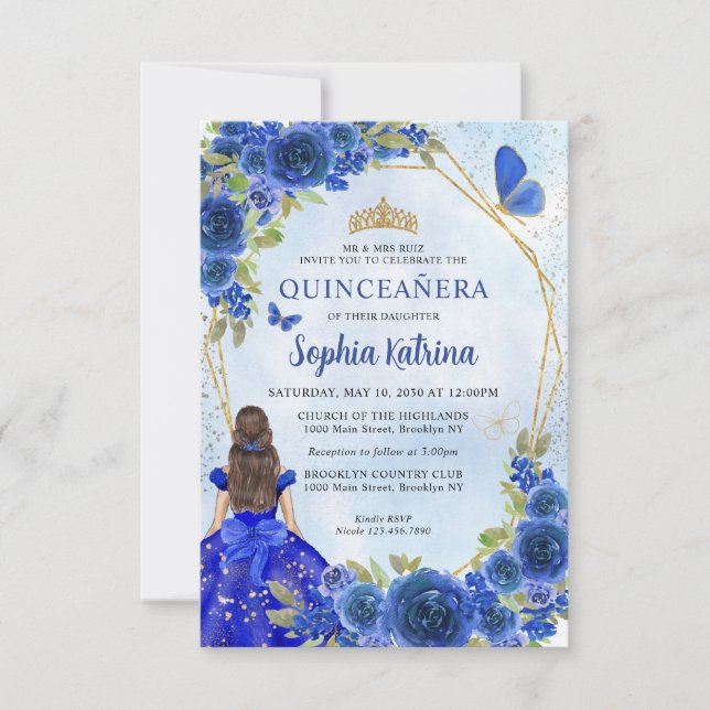 Budget Navy Blue Gold Floral Princess Quinceañera Note Card (Front)