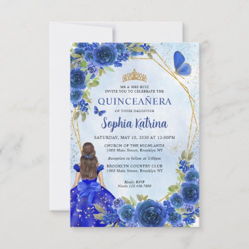 Budget Navy Blue Gold Floral Princess Quinceaera Note Card