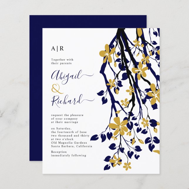 BUDGET Navy blue, gold floral wedding invitation (Front/Back)
