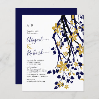 BUDGET Navy blue, gold floral wedding invitation