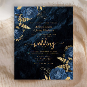 Budget Navy Blue Gold Floral Wedding Invitation