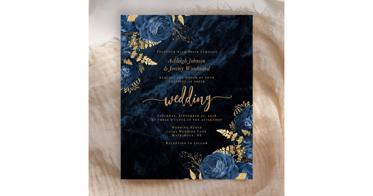 Budget Navy Blue Gold Floral Wedding Invitation | Zazzle