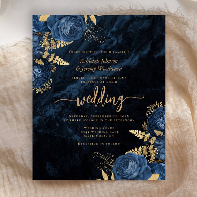 Budget Navy Blue Gold Floral Wedding Invitation (Creator Uploaded)