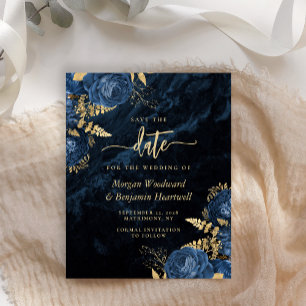 Budget Navy Blue Gold Floral Wedding Save the Date