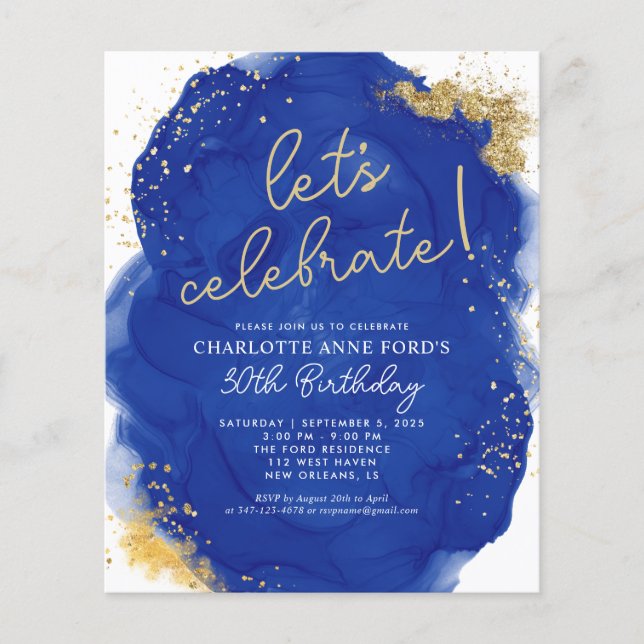 Budget Navy Blue Gold Glitter Alcohol Ink Birthday (Front)
