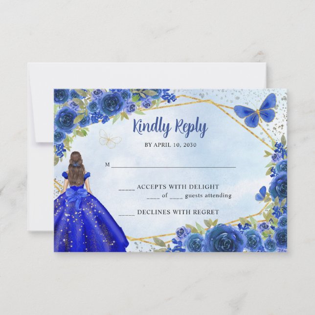Budget Navy Blue Gold Glitter Floral Princess RSVP Note Card (Front)