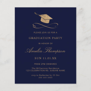 Budget Navy Blue & Gold Glitter Graduation Invite