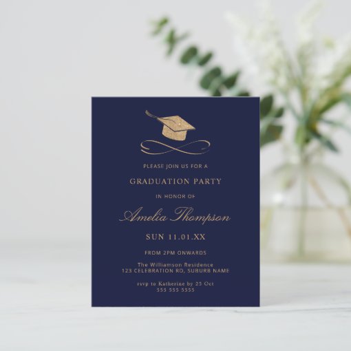 Budget Navy Blue & Gold Glitter Graduation Invite | Zazzle