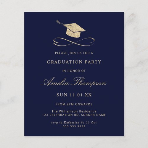 Budget Navy Blue  Gold Glitter Graduation Invite