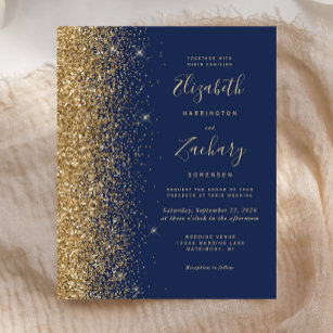 Budget Navy Blue Gold Glitter Wedding Invitation