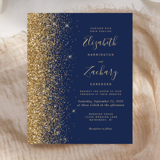 Budget Navy Blue Gold Glitter Wedding Invitation (Creator Uploaded)