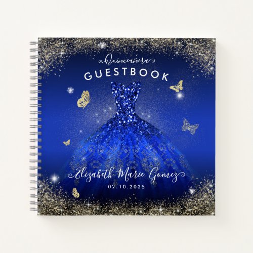 Budget Navy Blue Gold Gown Quinceanera Guestbook  Notebook