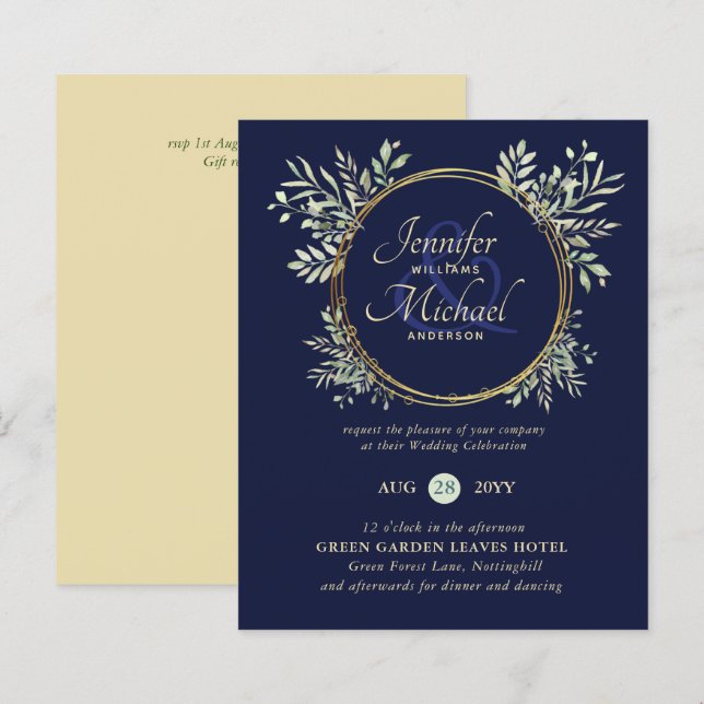 BUDGET Navy Blue Gold Greenery Wedding Invite (Front/Back)