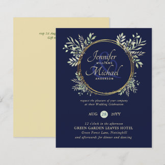 BUDGET Navy Blue Gold Greenery Wedding Invite