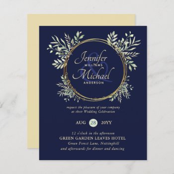 BUDGET Navy Blue Gold Greenery Wedding Invite