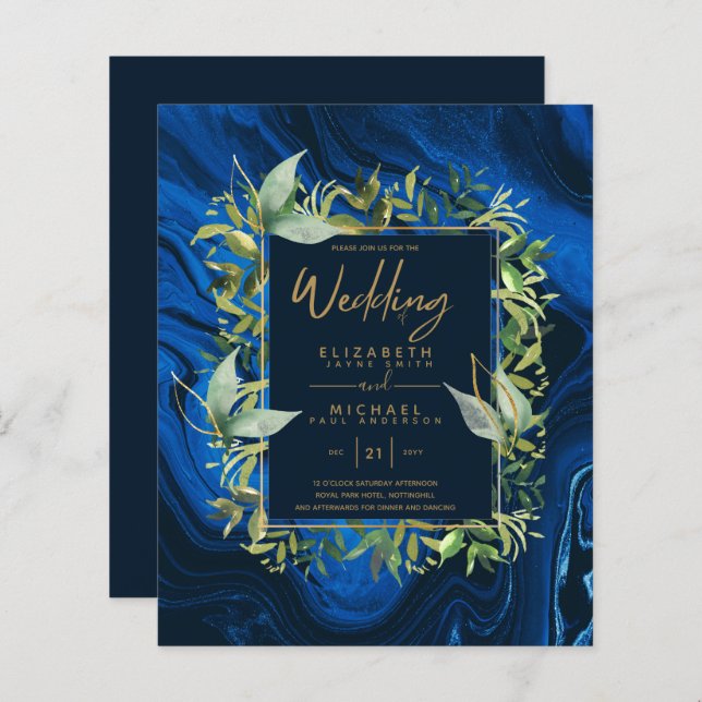 BUDGET  Navy Blue Gold Greenery Wedding Invites (Front/Back)