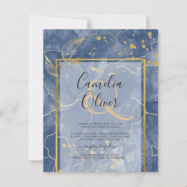 BUDGET Navy Blue Gold INK Abstract Wedding Invite (Front)
