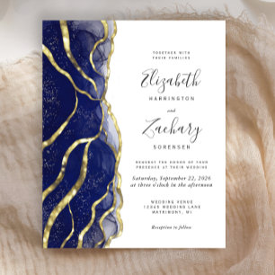 Budget Navy Blue Gold Ink Wedding Invitation