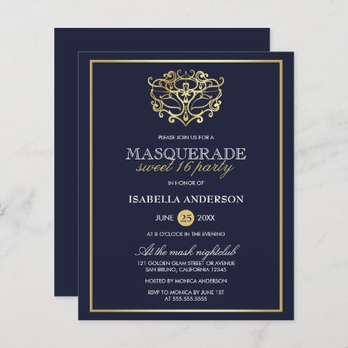 Budget Navy Blue  Gold Masquerade Sweet 16 Party