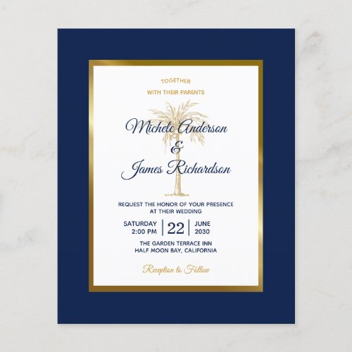 Budget Navy Blue Gold Palm Tree Wedding Invitation