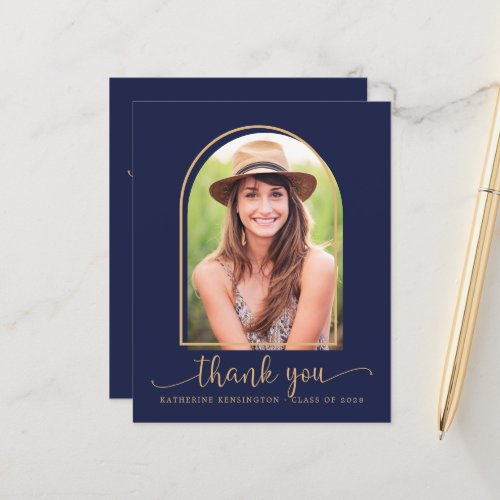 Budget Navy Blue Gold Photo Graduation Thank You