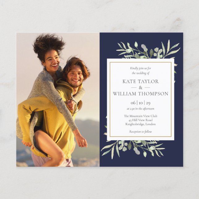 Budget Navy Blue Greenery Photo Wedding Invitation (Front)