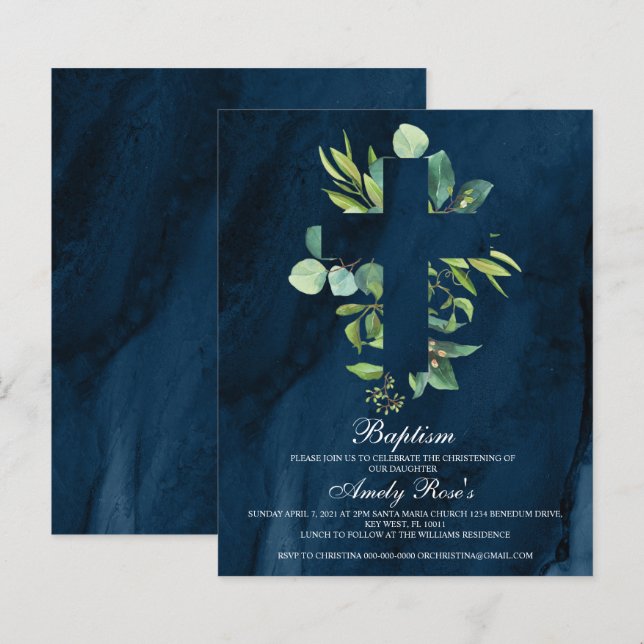 Budget Navy Blue & Leaves Cross Baptism Invitation (Front/Back)